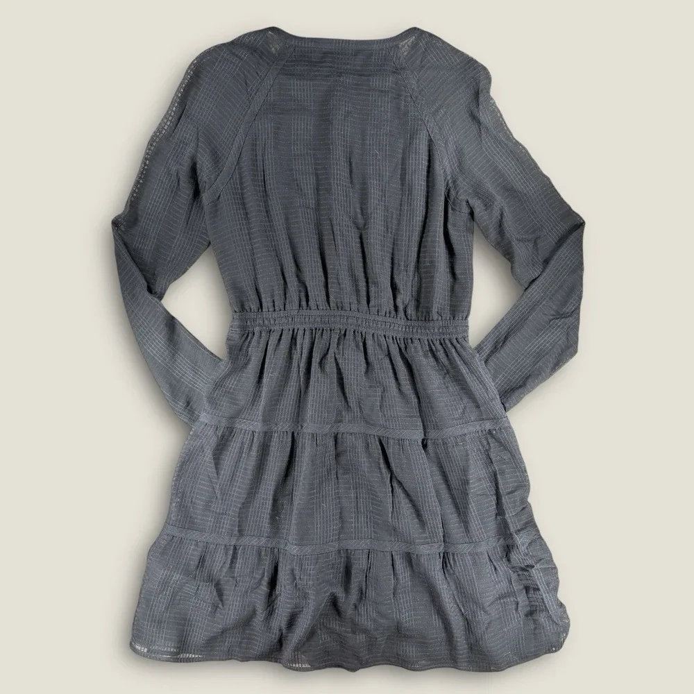 Tory Burch‎ Dress 6 Black Silk Grid Jacquard Tiered Tassel Long Sleeve Mini